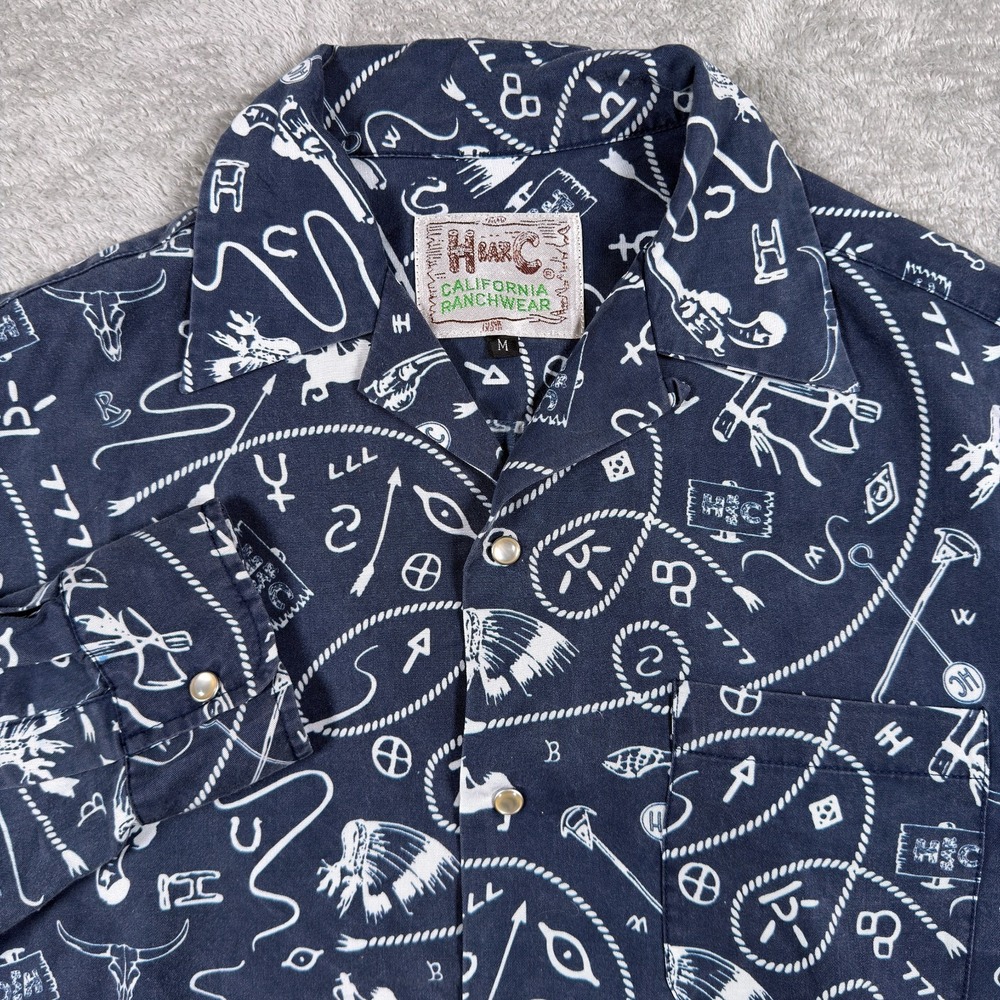 H Bar C Shirt Mens Medium Blue Western Ranchwear Snap Rodeo Cowboy Indian *